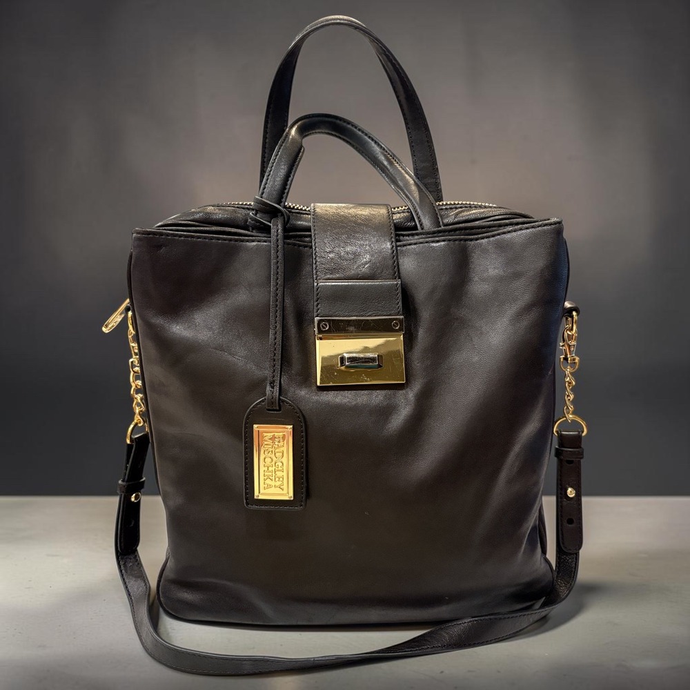 Badgley Mischka Black Leather Tote Crossbody Bag Gold Hardware